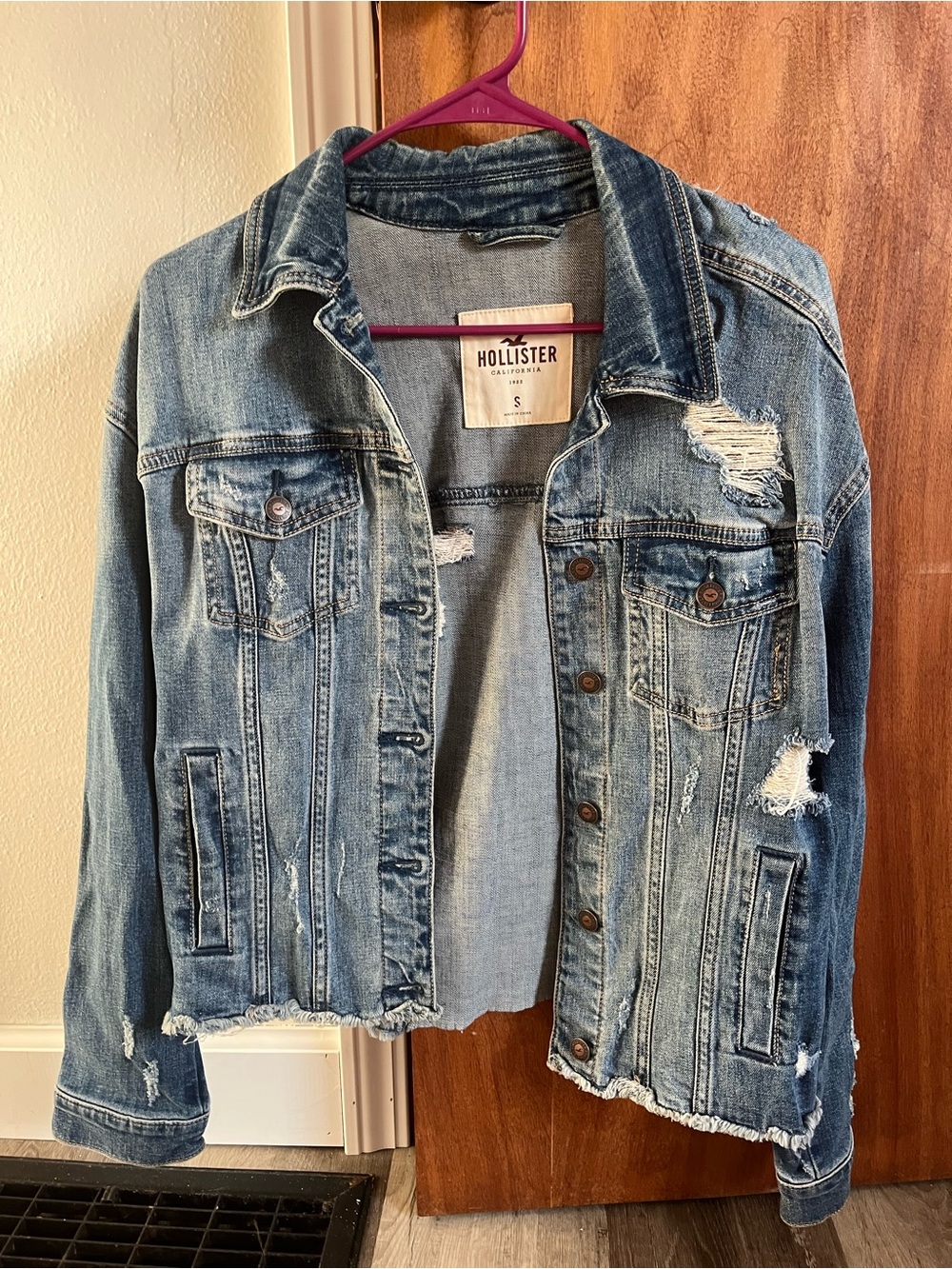 Vintage Y2K Hollister Distressed Cropped Denim Jacket Small Medium Wash Raw Hem